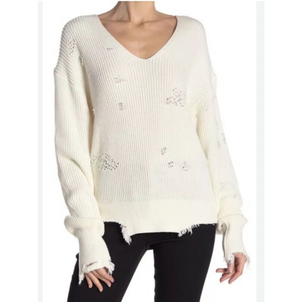 Helmut Lang The "Deconstructed" Shaker Knit Cream V-Neck Distressed Knit Sweater